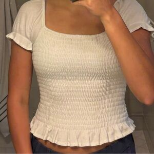 Aqua White Smocked Cap Sleeve Blouse